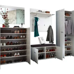 Garderobenset Allan | Schuhschrank, Dielenbank, Wandspiegel, Wandpaneel, Garderobe | Weiß