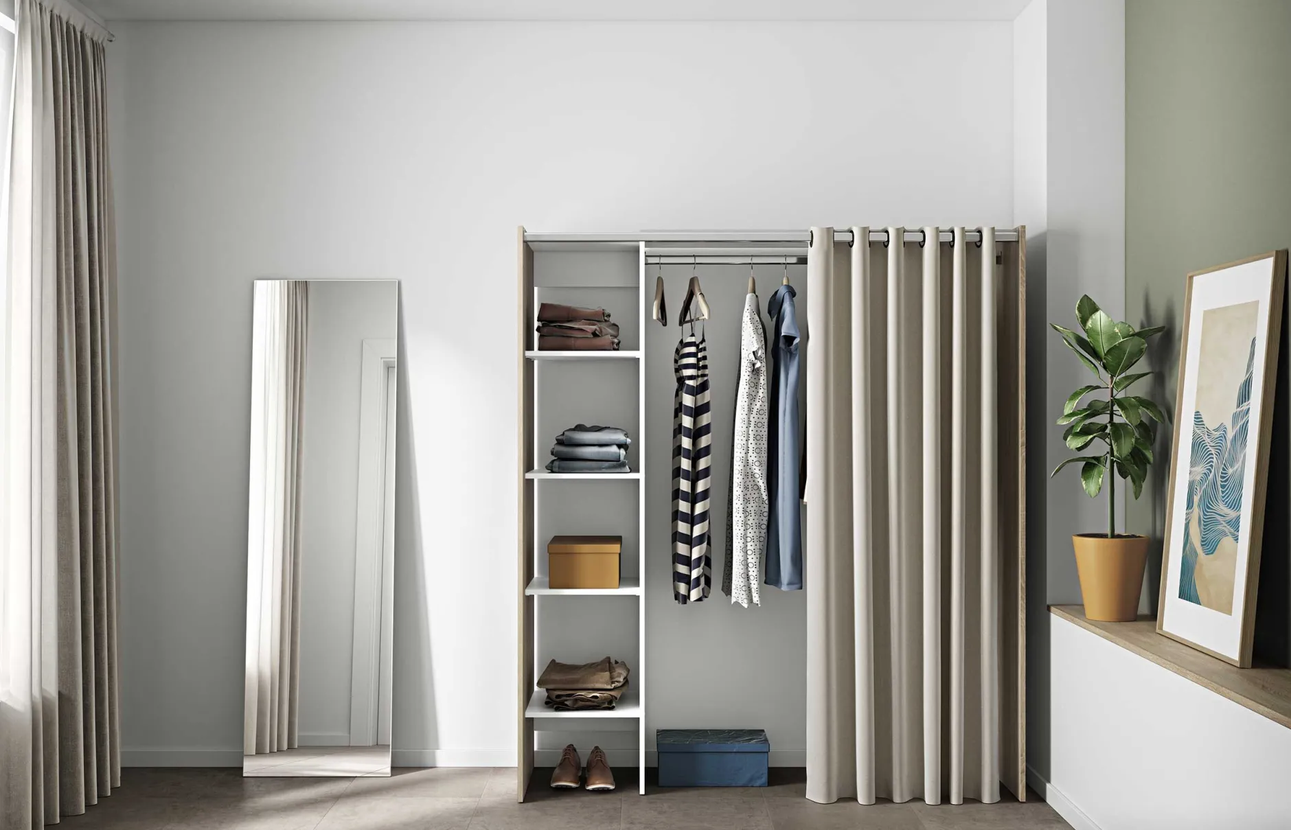 Garderobe Spike 123/160cm mit Vorhang - Eiche/Ecru