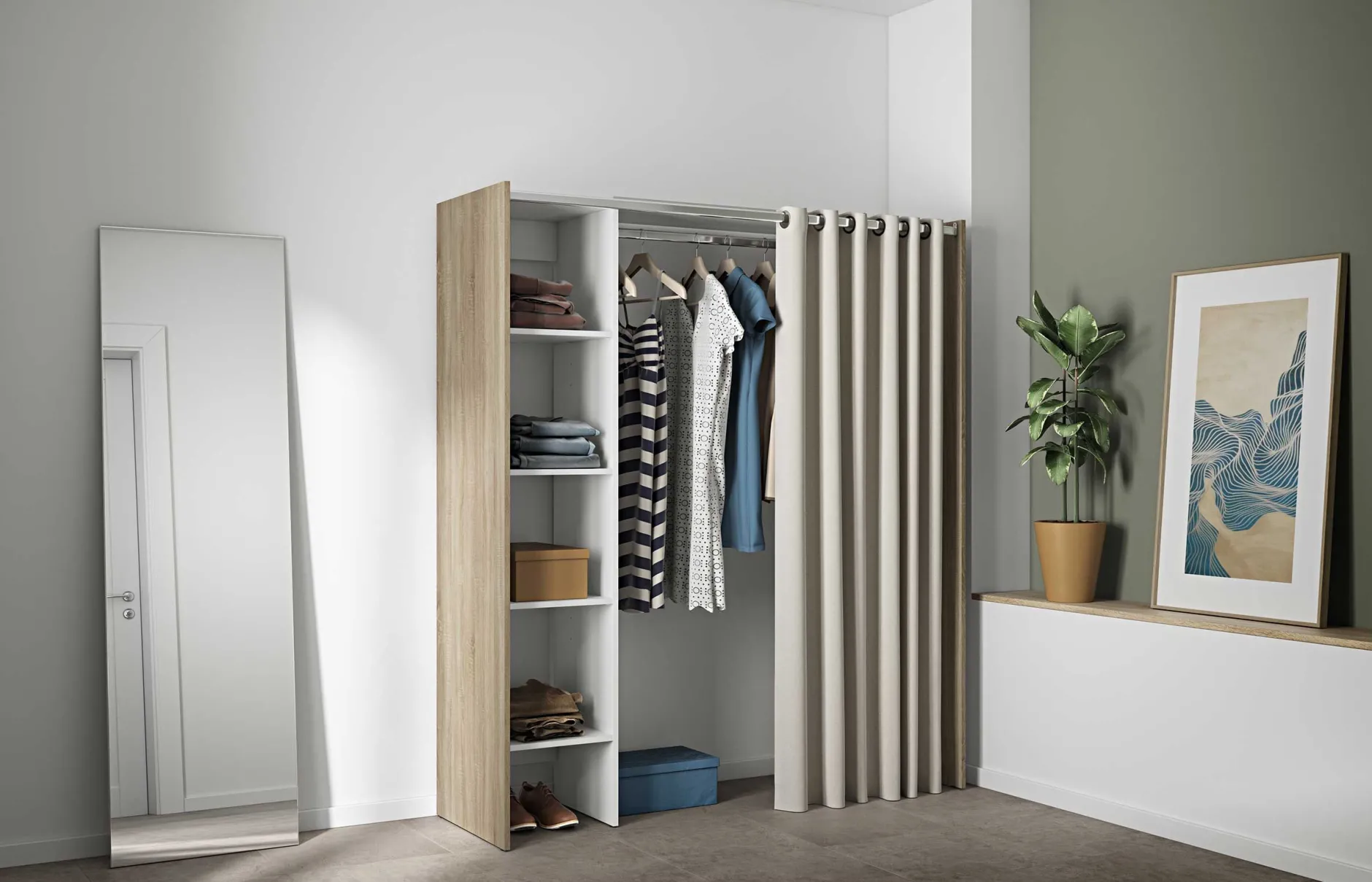 Garderobe Spike 123/160cm mit Vorhang - Eiche/Ecru