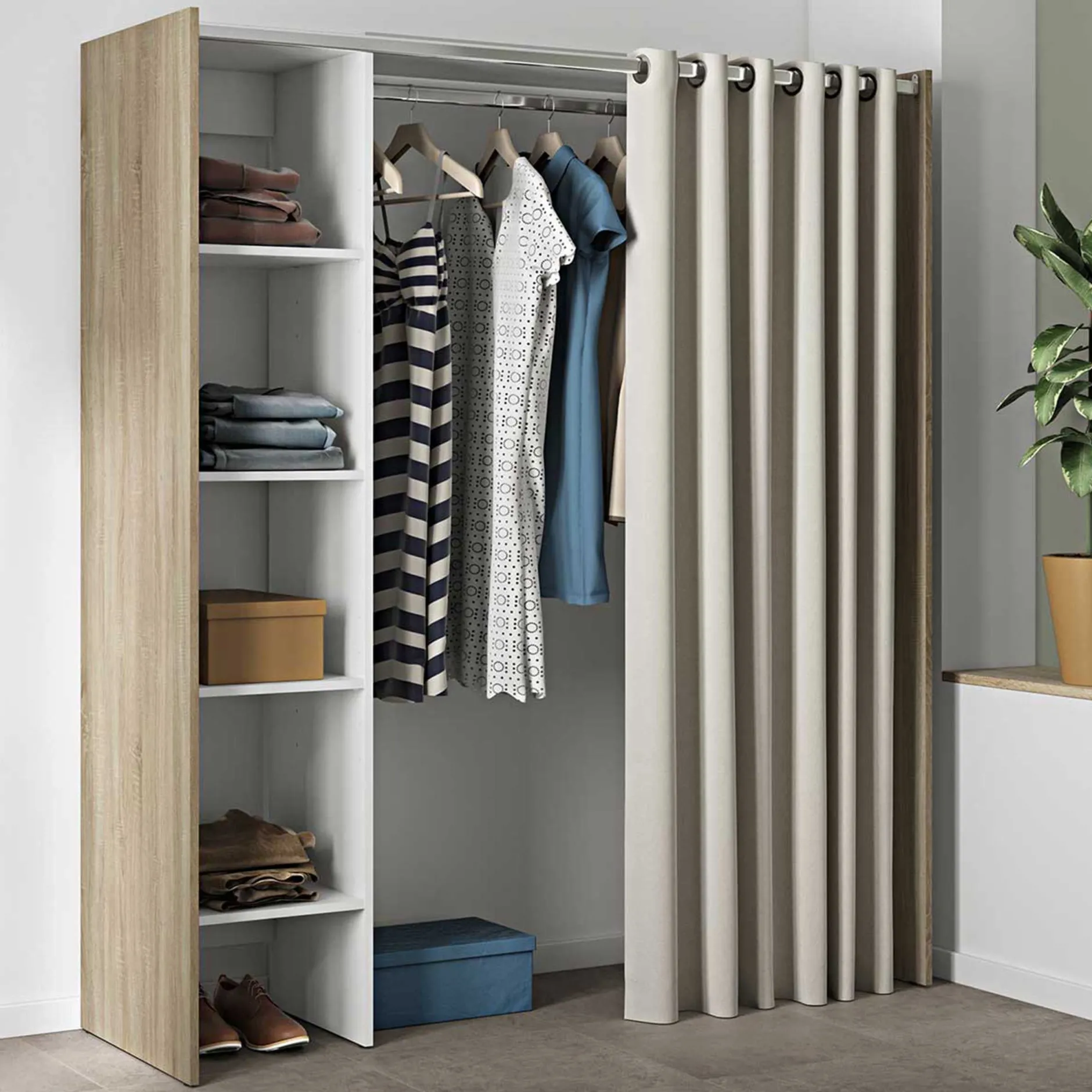 Garderobe Spike 123/160cm mit Vorhang - Eiche/Ecru
