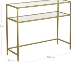 Gold Konsolentisch - Modern 2 Regale aus gehärtetem Glas mit Metallrahmen und verstellbaren Füßen