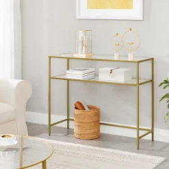 Gold Konsolentisch - Modern 2 Regale aus gehärtetem Glas mit Metallrahmen und verstellbaren Füßen