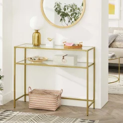 Gold Konsolentisch - Modern 2 Regale aus gehärtetem Glas mit Metallrahmen und verstellbaren Füßen