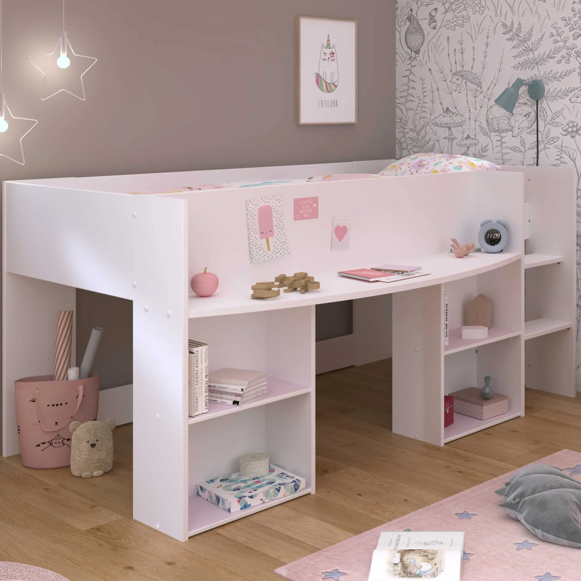 Habhochbett Rue 90x200 mit Schreibtisch - weiß/grau oder weiß/rosa
