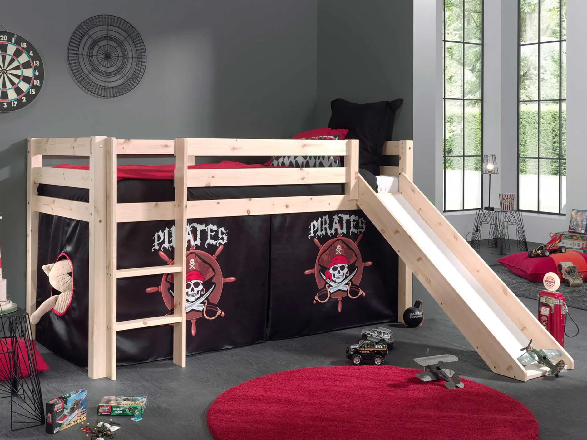 Halbhochbett Astrid mit Rutsche Zelt Pirates - Kieferholz