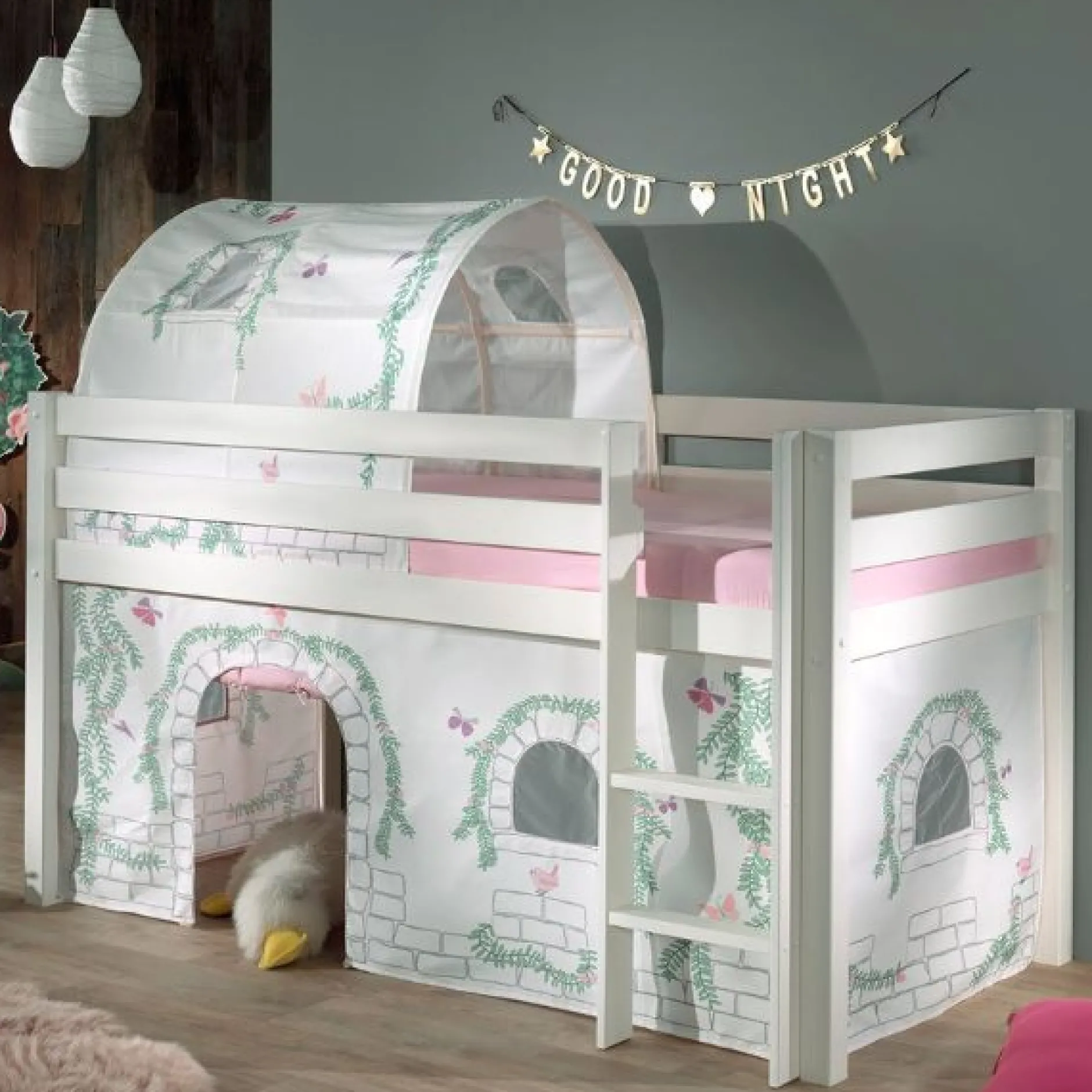 Halbhochbett Charlotte mit Schlafzelt und Betttunnel Birdy - weiß