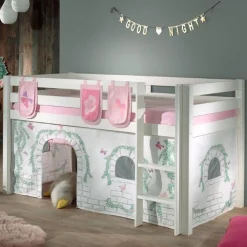 Halbhochbett Charlotte mit Schlafzelt und Aufbewahrungstaschen Birdy - weiß
