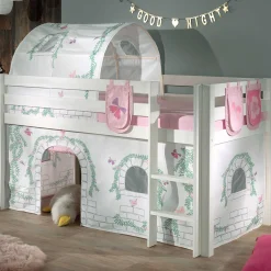Halbhochbett Charlotte mit Schlafzelt, Tunnel und Aufbewahrungstaschen Birdy - weiß
