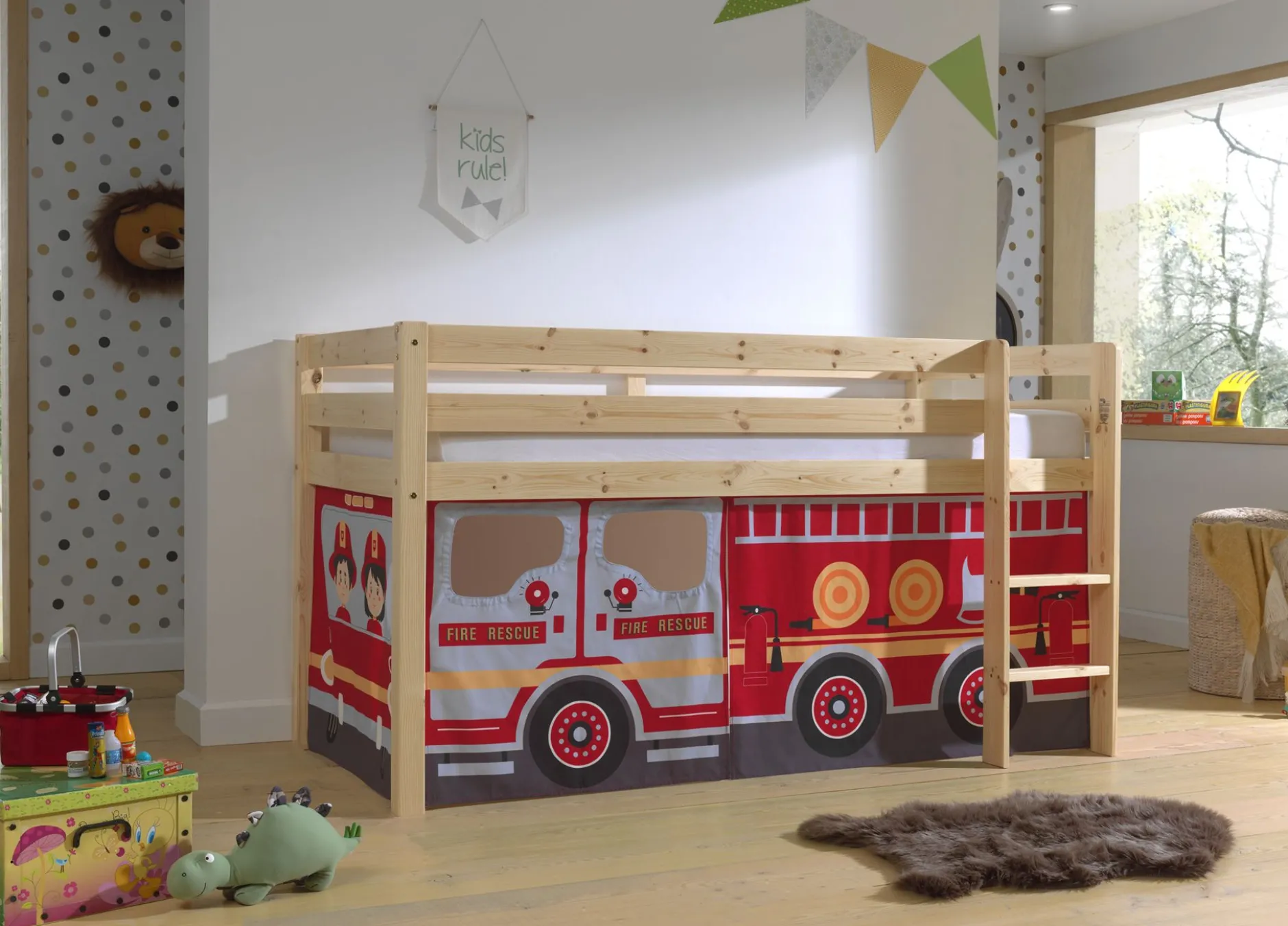 Halbhochbett Charlotte mit Schlafzelt Feuerwehrfahrzeug - Kieferholz