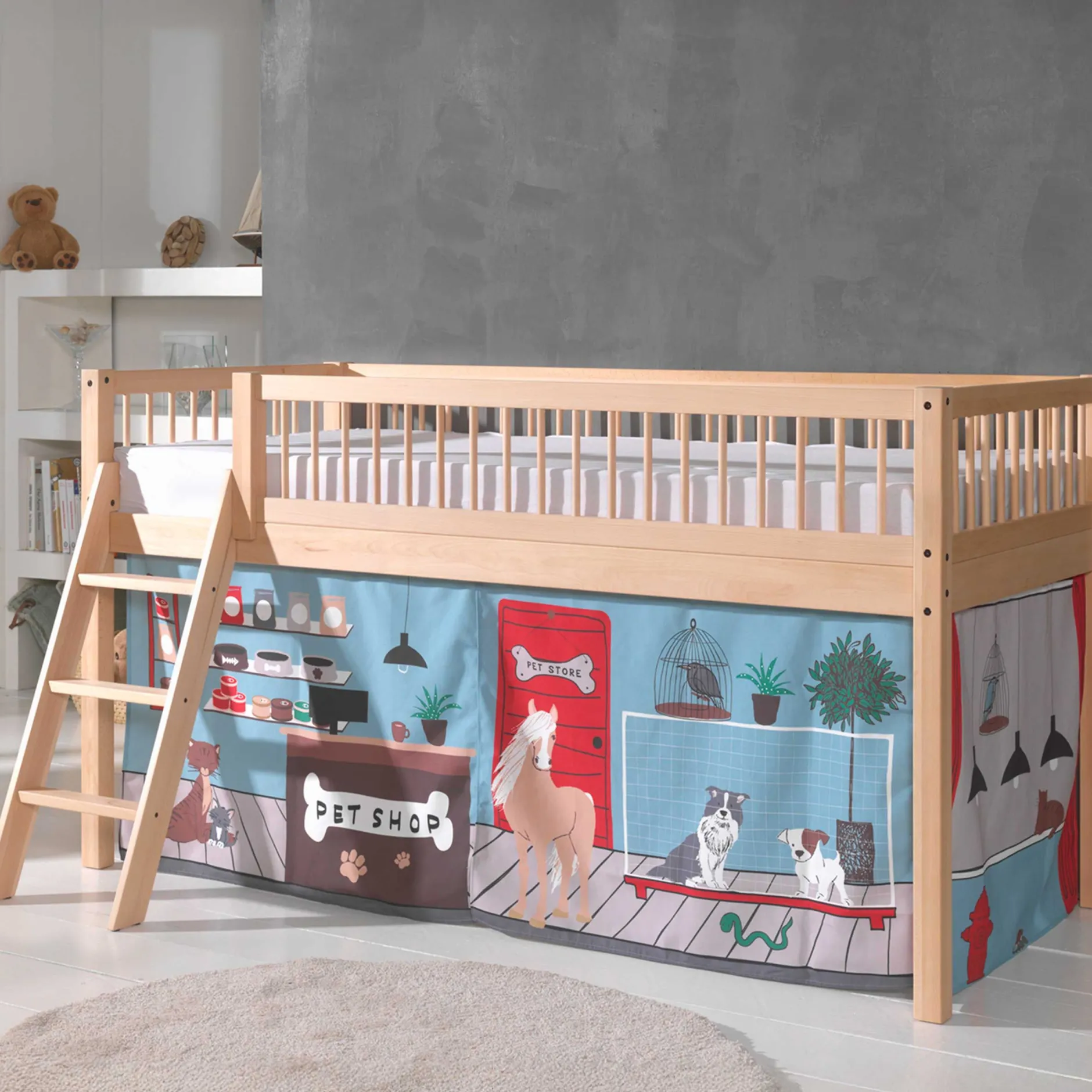 Halbhochbett Forrest mit Schlafzelt Pet Shop - Buchenholz