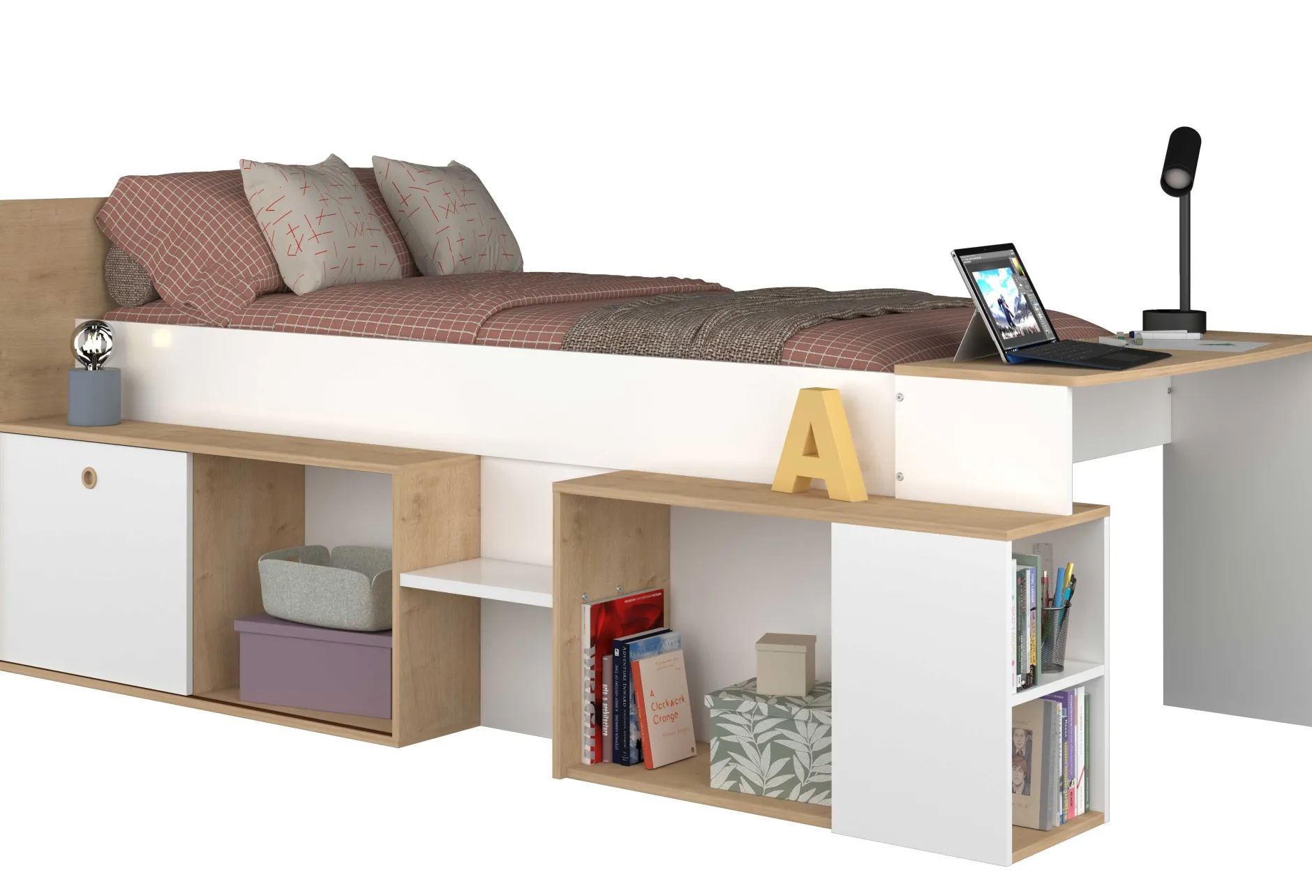 Halbhochbett Gaby mit Schreibtisch - 118x239x96 cm - Weiß/Eiche