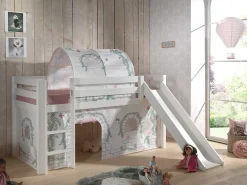 Halbhochbett mit Rutsche Astrid mit Schlafzelt und Betttunnel Birdy - weiß