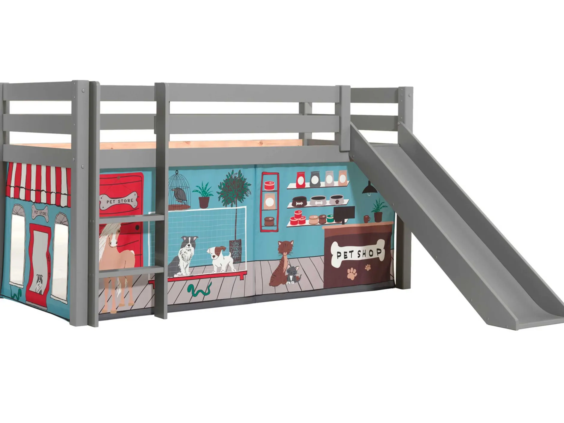 Halbhochbett mit Rutsche Astrid mit Schlafzelt Pet Shop - grau