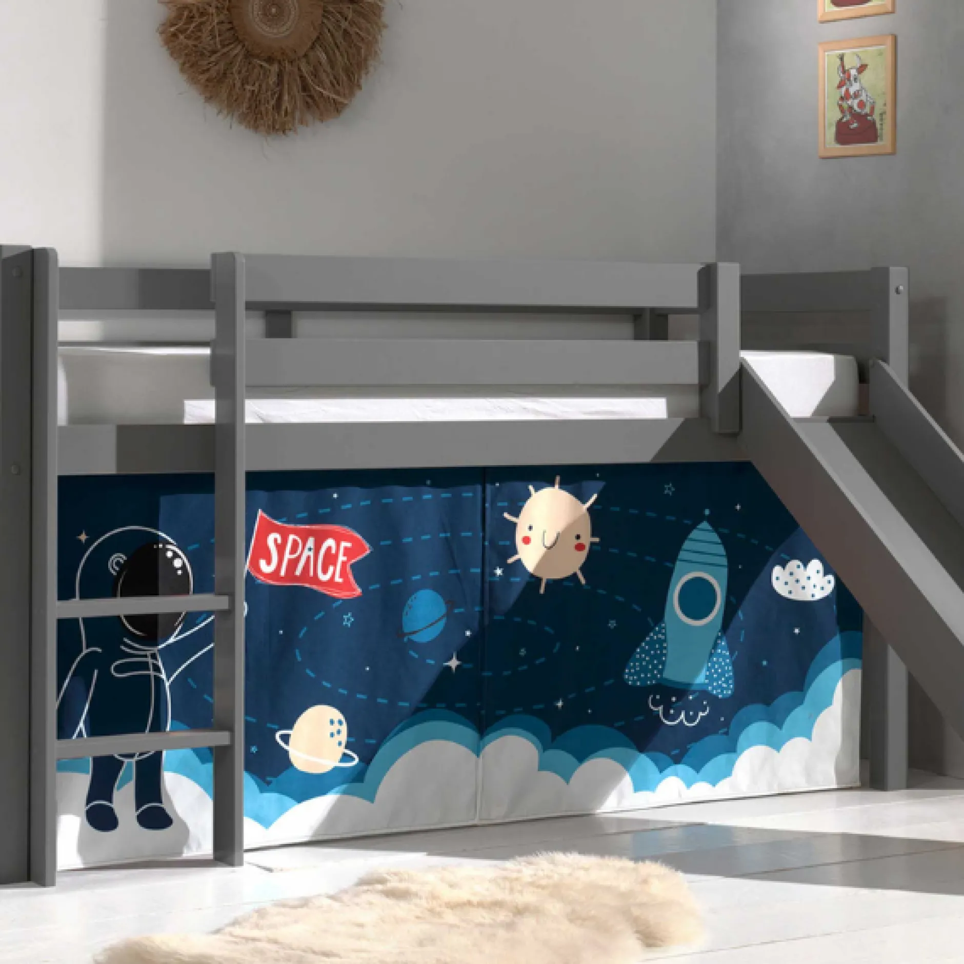 Halbhochbett mit Rutsche Astrid mit Schlafzelt Space Shuttle - grau