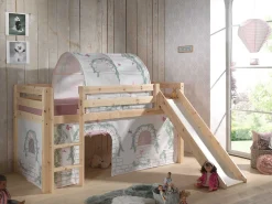 Halbhochbett mit Rutsche Astrid mit Schlafzelt und Betttunnel Birdy - Kieferholz