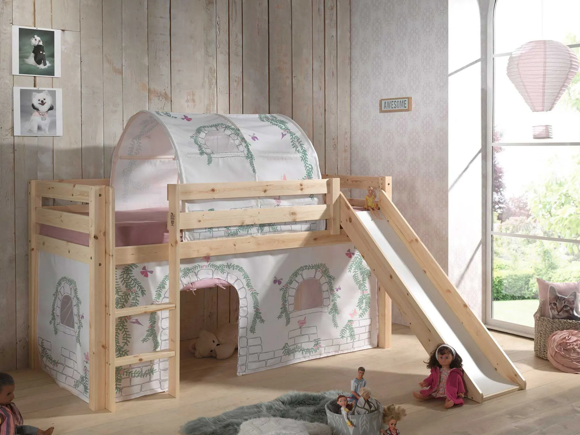 Halbhochbett mit Rutsche Astrid mit Schlafzelt und Betttunnel Birdy - Kieferholz
