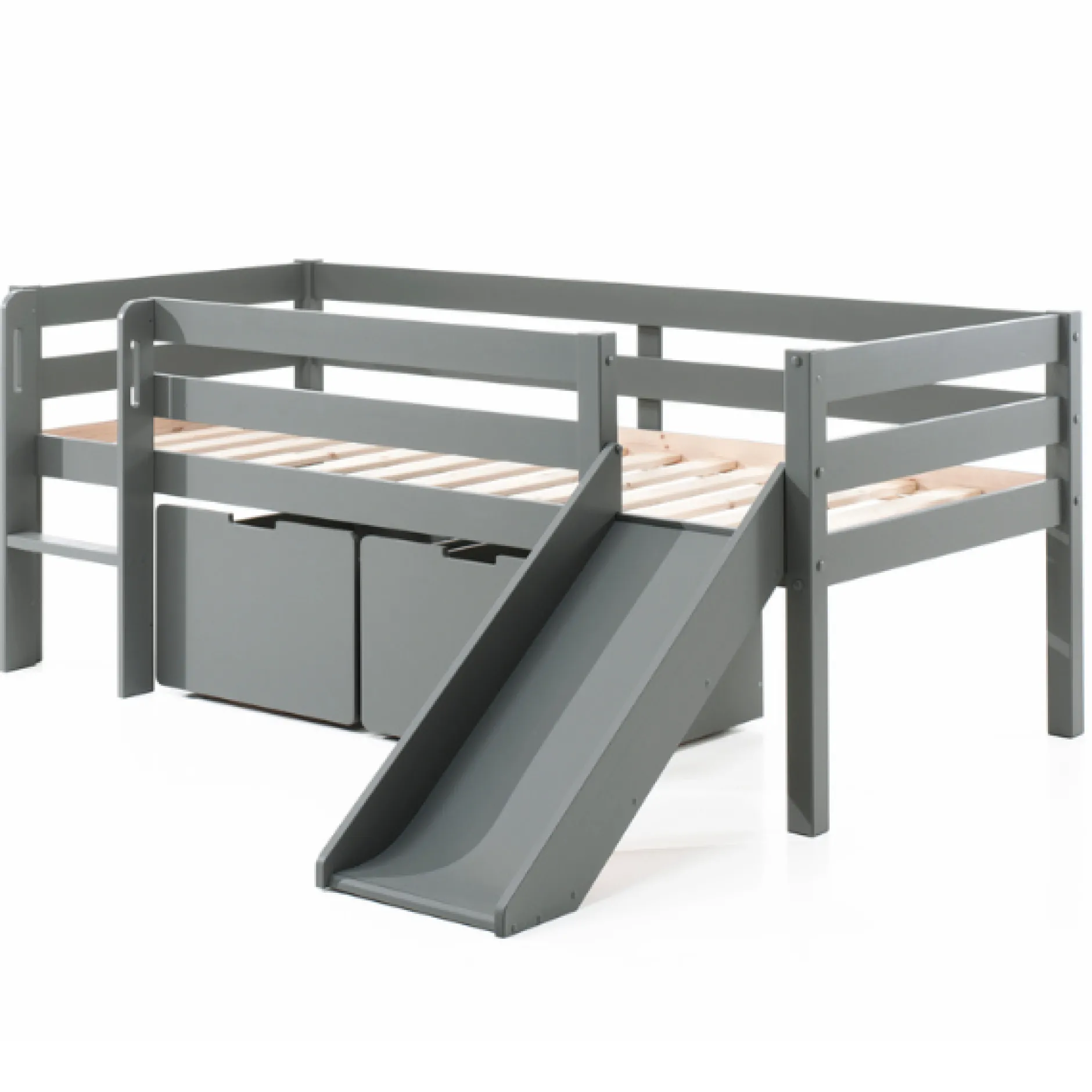 Halbhochbett mit Rutsche Pip 90 x 200 mit 2 Schubladen und Regal Kiefer - grau
