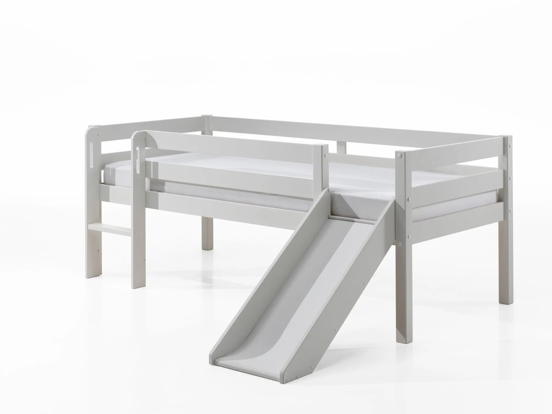Halbhochbett mit Rutsche Pip 90 x 200 mit 2 Schubladen und Regal Kiefer - grau