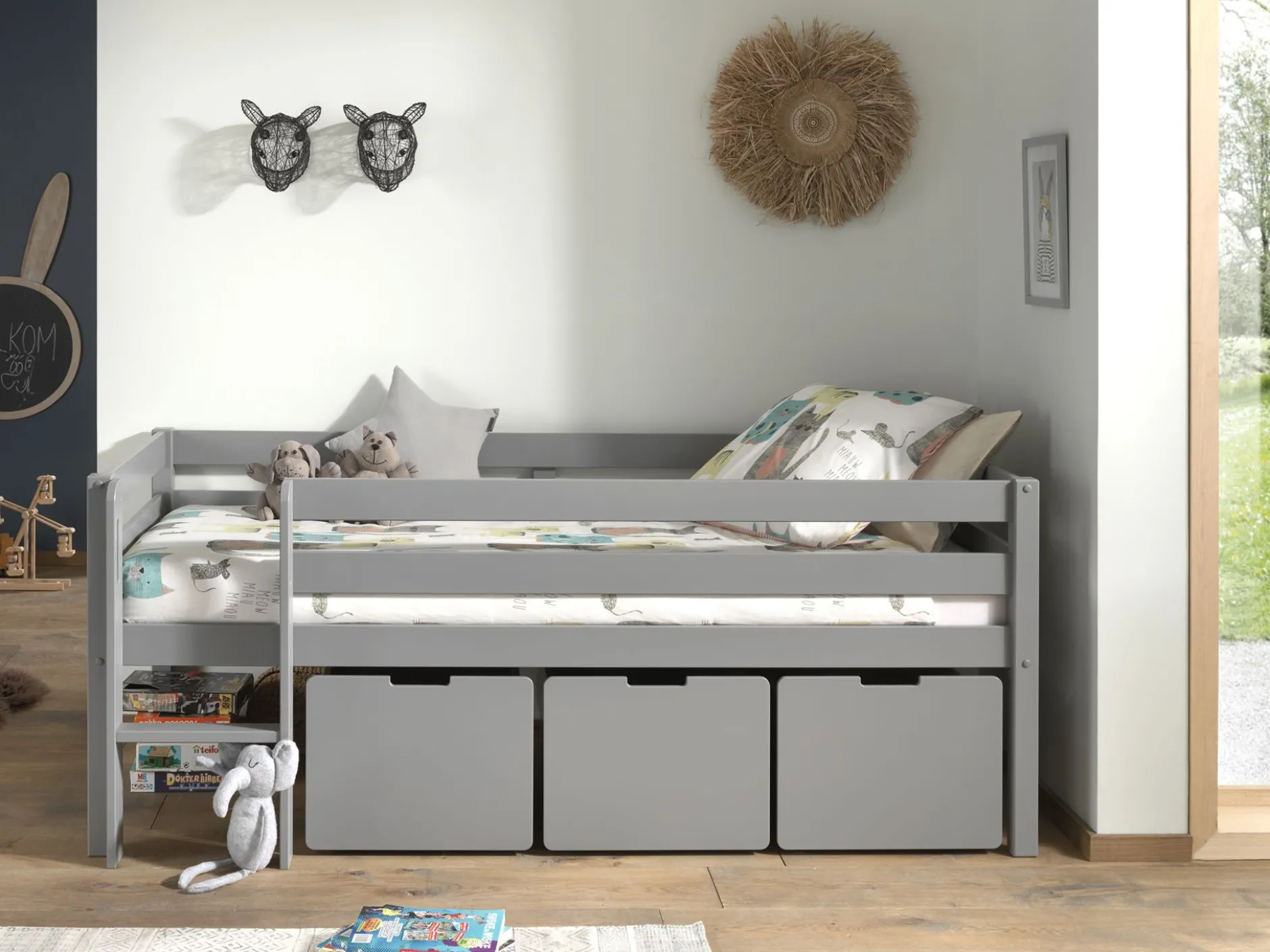 Halbhochbett Pip mit 3 Schubladen 90 x 200cm Kiefer - grau