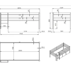 Halbhochbett Pip 90x200 cm mit 3 Schubladen und 1 Wandregal-grau