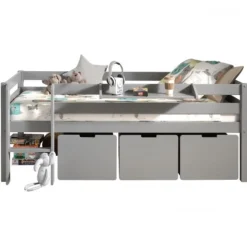 Halbhochbett Pip 90x200 cm mit 3 Schubladen und 1 Wandregal-grau