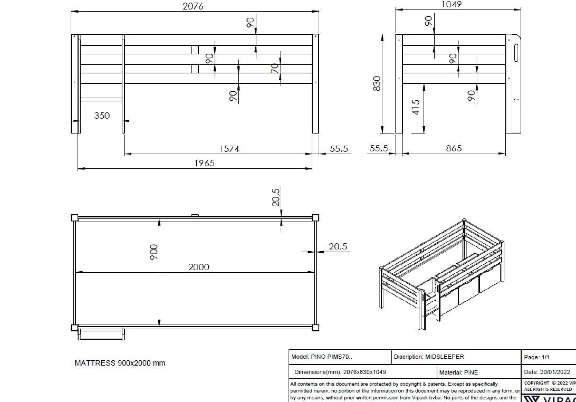 Halbhochbett Pip 90 x 200 Kiefer - weiß