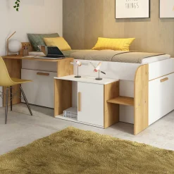 Halbhochbett Sacha mit Schreibtisch - 206x135x90 cm - Weiß/Eiche
