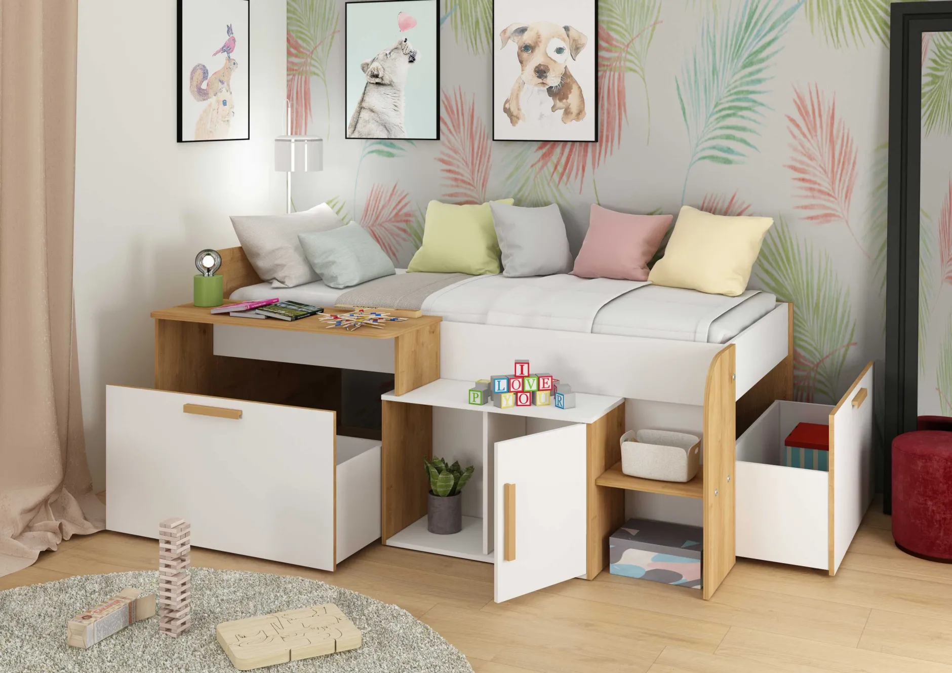 Halbhochbett Sacha mit Schreibtisch - 206x135x90 cm - Weiß/Eiche