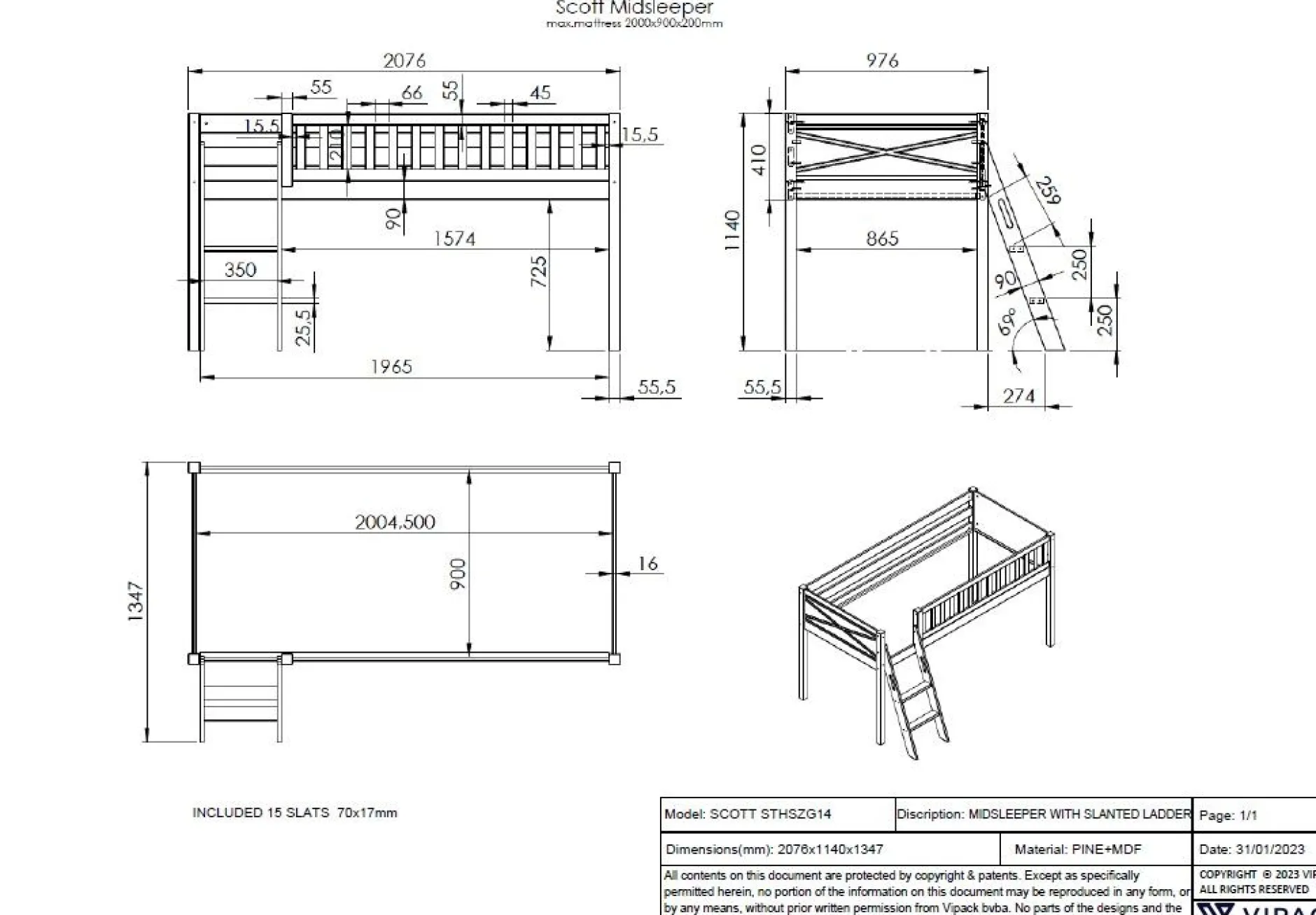 Halbhochbett Scottie 90x200 cm mit Piratenspielvorhang-weiß