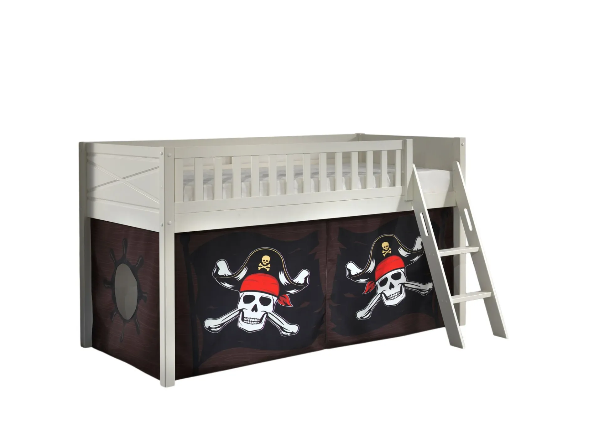 Halbhochbett Scottie 90x200 cm mit Piratenspielvorhang-weiß