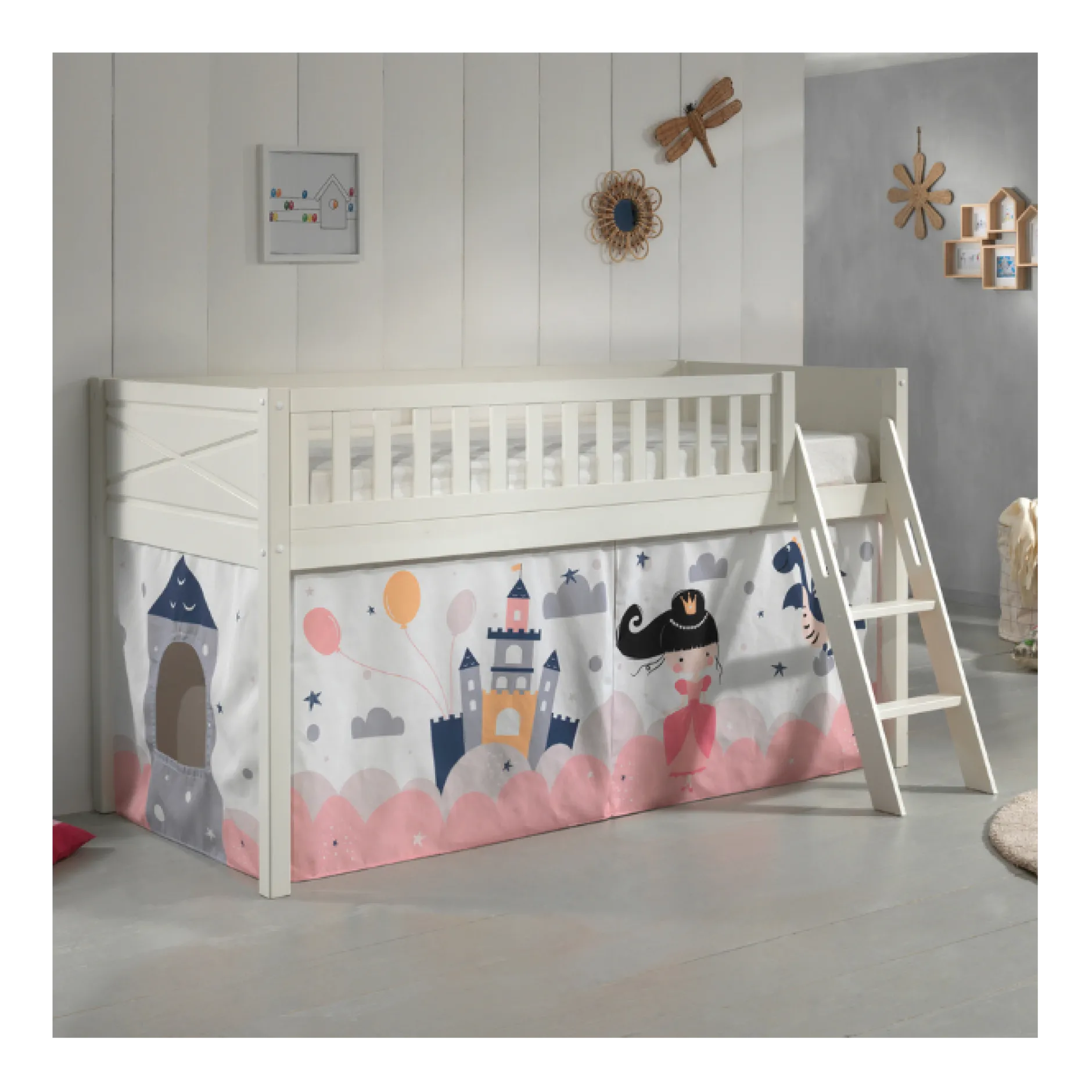 Halbhochbett Scottie 90x200 cm mit Princess Sophie Spielvorhang-weiß