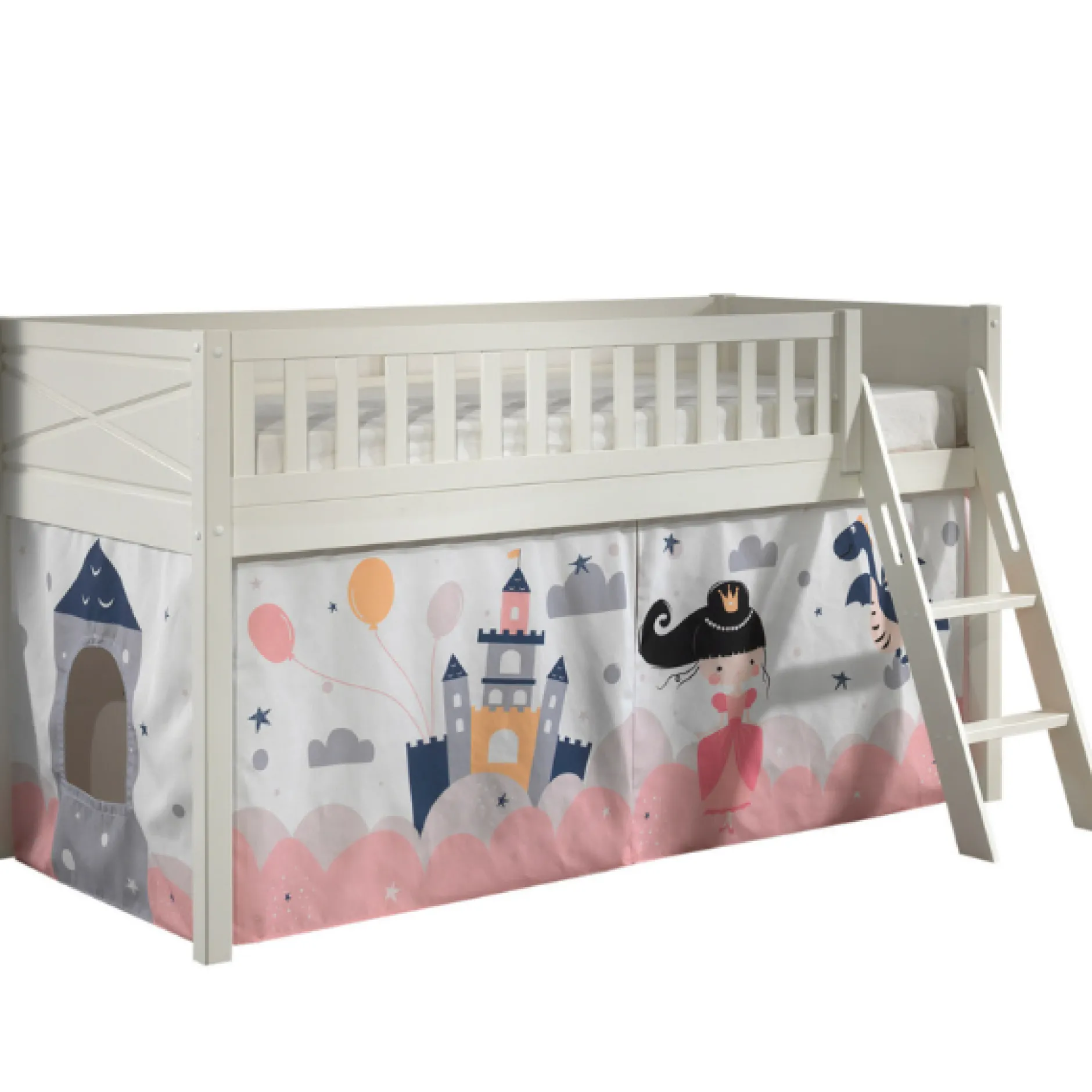 Halbhochbett Scottie 90x200 cm mit Princess Sophie Spielvorhang-weiß