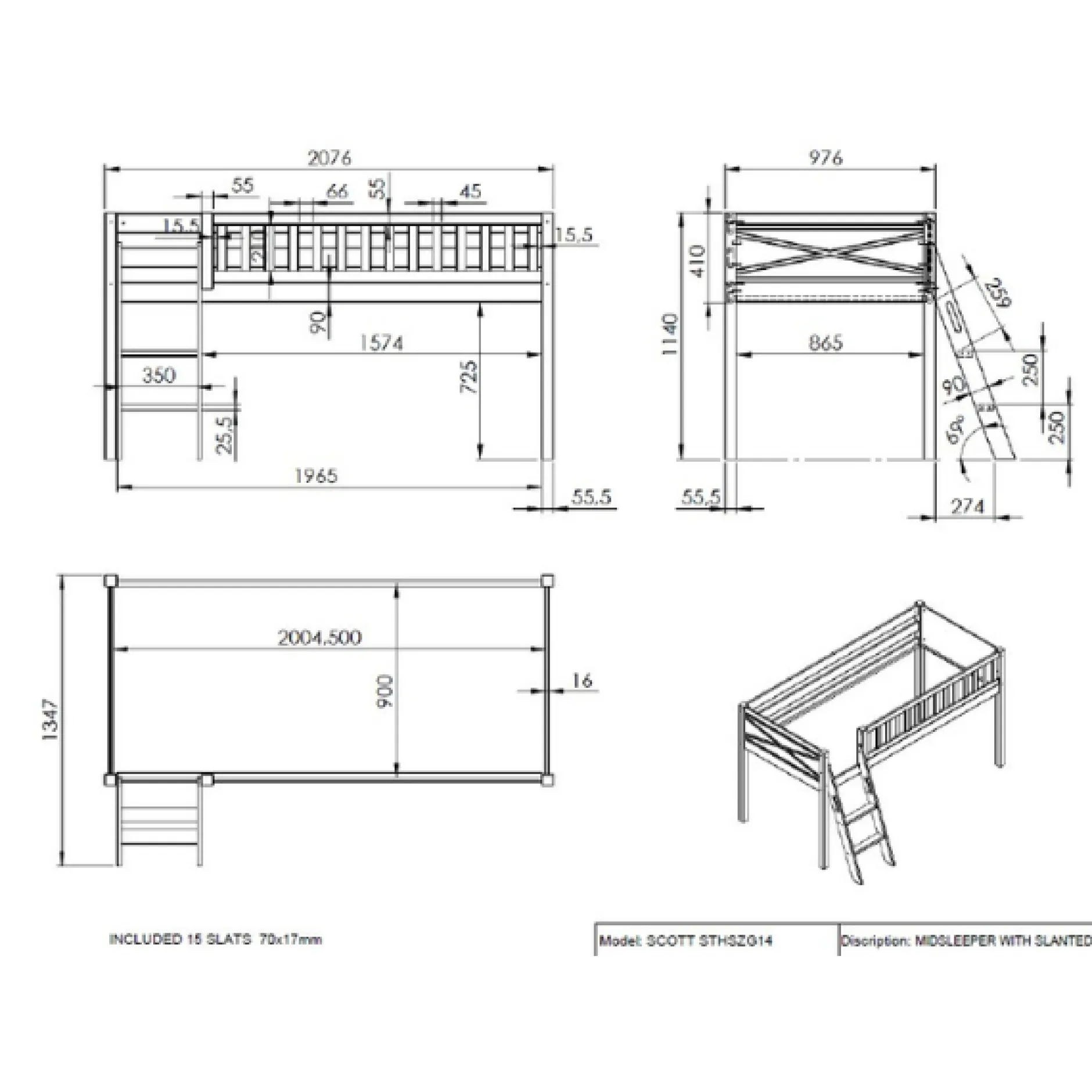 Halbhochbett Scottie 90x200 cm mit Pet Shop Spielvorhang-weiß