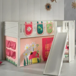 Halbhochbett Scottie 90x200 cm mit Rutsche, Springspielvorhang und 3 Aufbewahrungstaschen-weiß