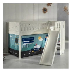 Halbhochbett Scottie 90x200 cm mit Rutsche und Polizeispielvorhang-weiß
