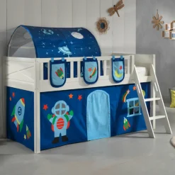 Halbhochbett Scottie 90x200 cm mit Astronautenspielvorhang, 3 Aufbewahrungstaschen und Betttunnel-weiß