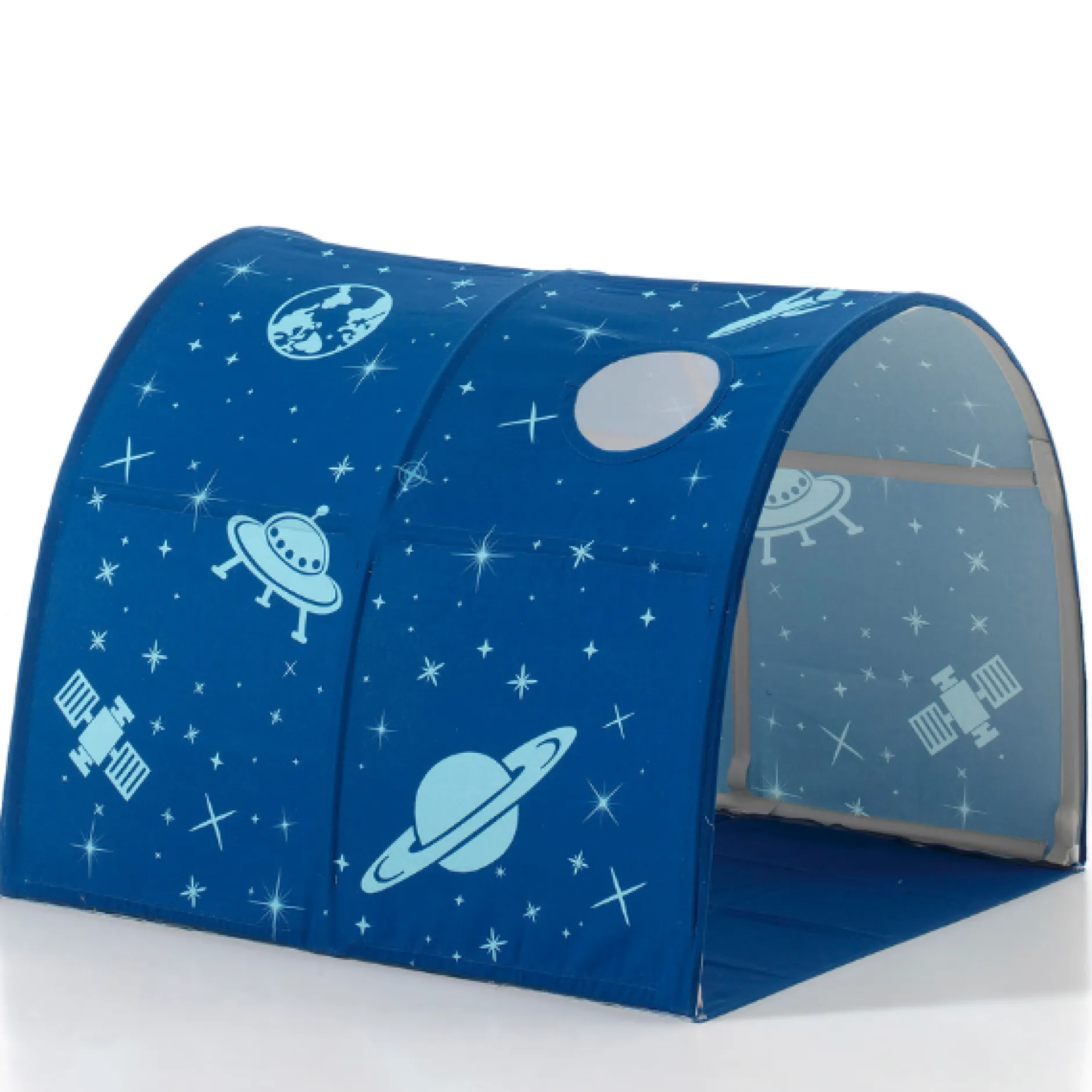 Halbhochbett Scottie 90x200 cm mit Astronautenspielvorhang, 3 Aufbewahrungstaschen und Betttunnel-weiß