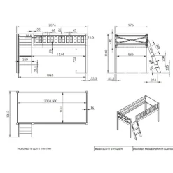 Halbhochbett Scottie 90x200 cm mit Birdy Spielvorhang und Betttunnel-weiß