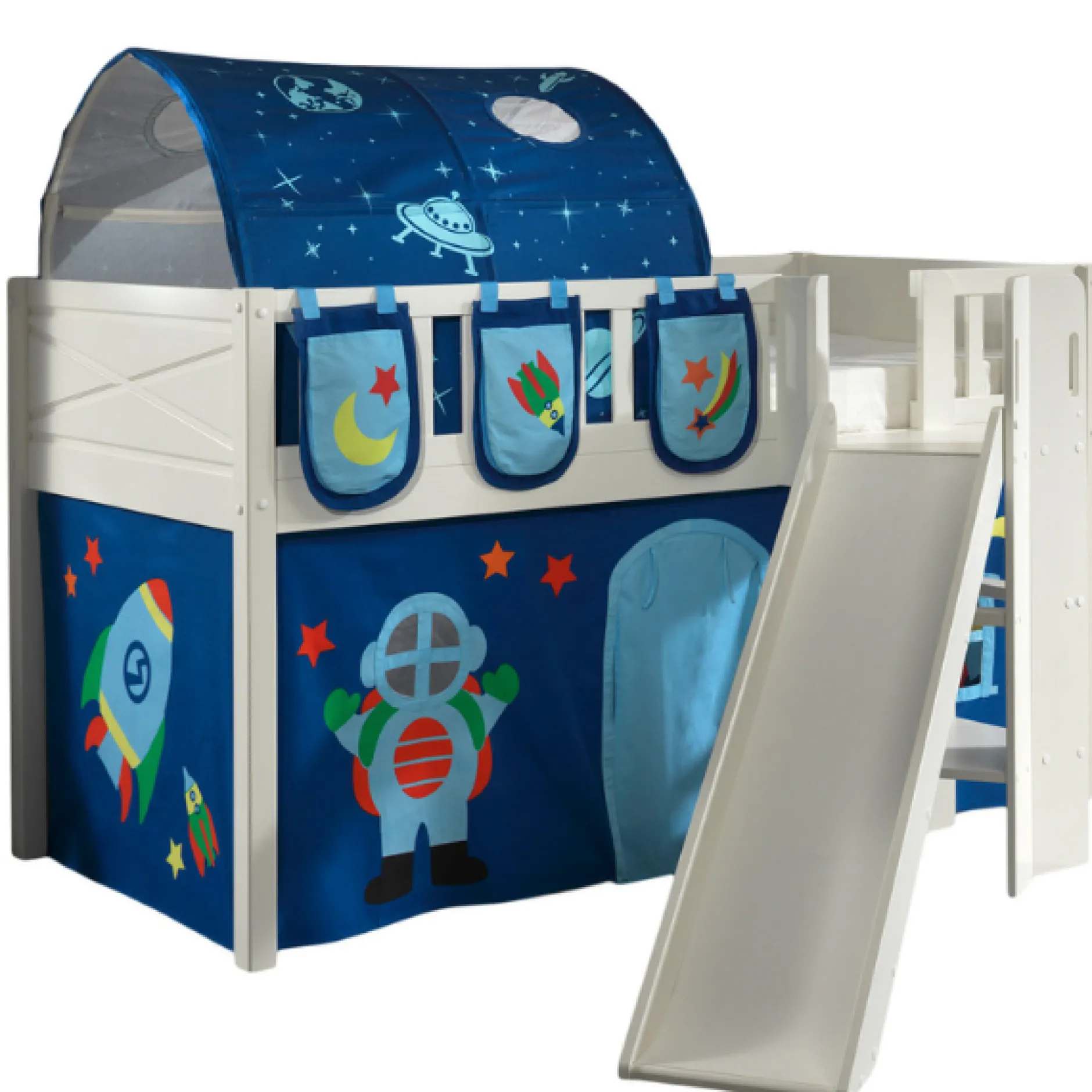 Halbhochbett Scottie 90x200 cm mit Rutsche, Astronautenspielvorhang, 3 Aufbewahrungstaschen und Betttunnel-weiß