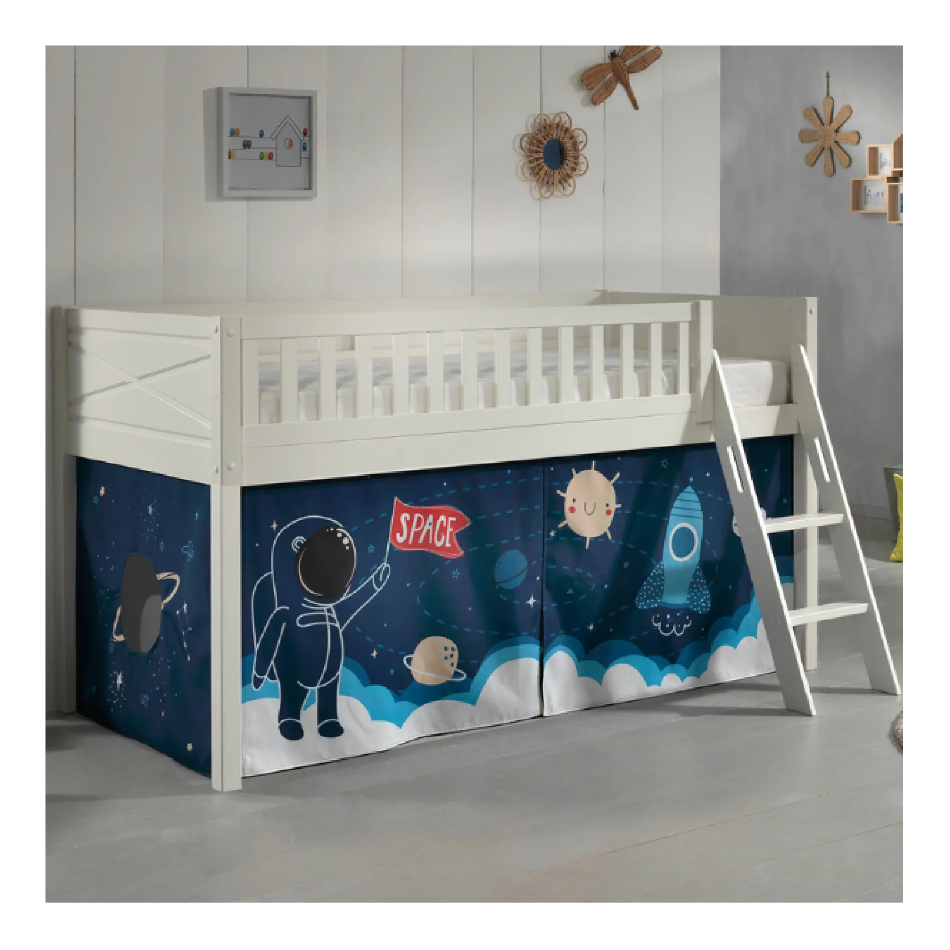 Halhochbett Scottie 90x200 cm mit Raumschiff Spielvorhang-weiß