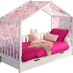 Hausbett Dallas 2 90x200 mit Bettkasten und Voile mit Schmetterlingsmuster - weiß/rosa