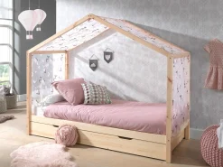 Hausbett Dallas 3 90x200 mit Bettkasten und Voile mit Schmetterlingsmuster - kieferholz/rosa