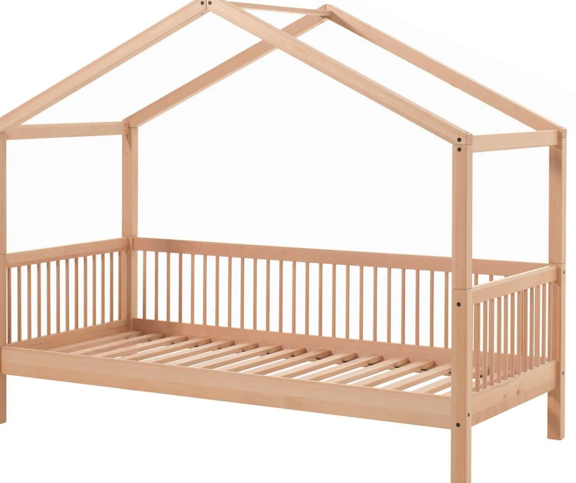 Hausbett Forrest 90x200cm mit Bettgitter und Bettkasten - Buche