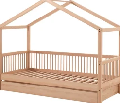 Hausbett Forrest 90x200cm mit Bettgitter und Bettkasten - Buche
