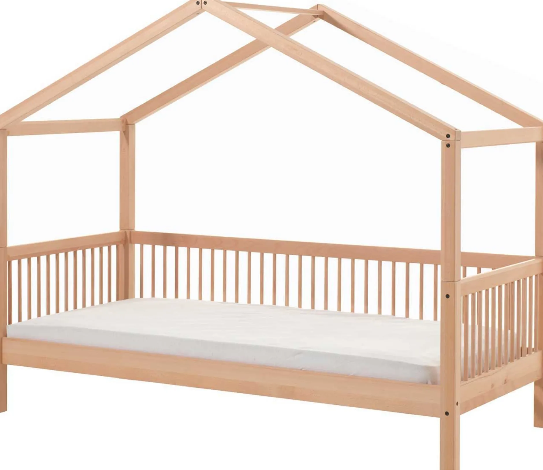 Hausbett Forrest 90x200cm mit Bettgitter und Bettkasten - Buche