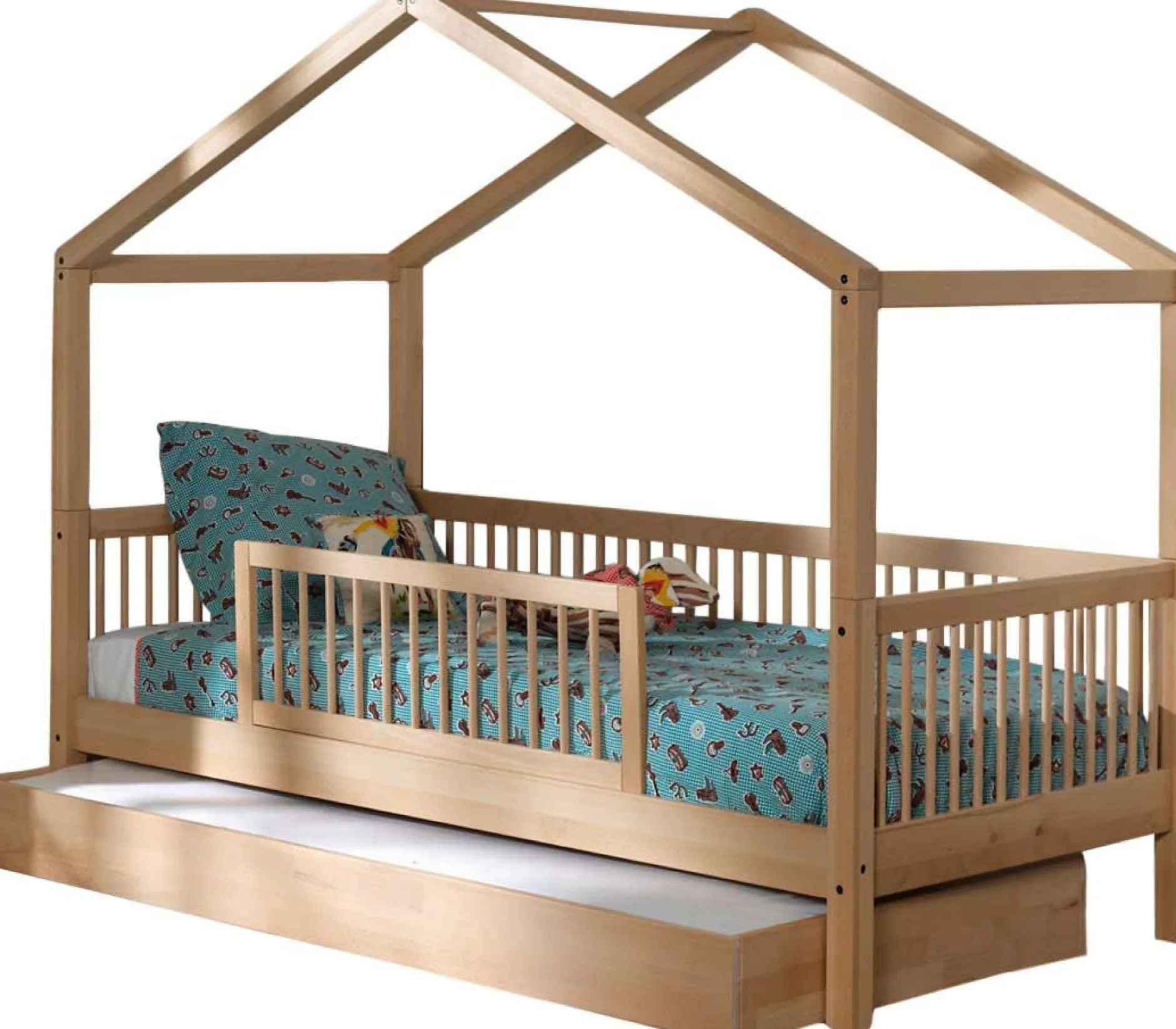 Hausbett Forrest 90x200cm mit Bettgitter und Bettkasten - Buche