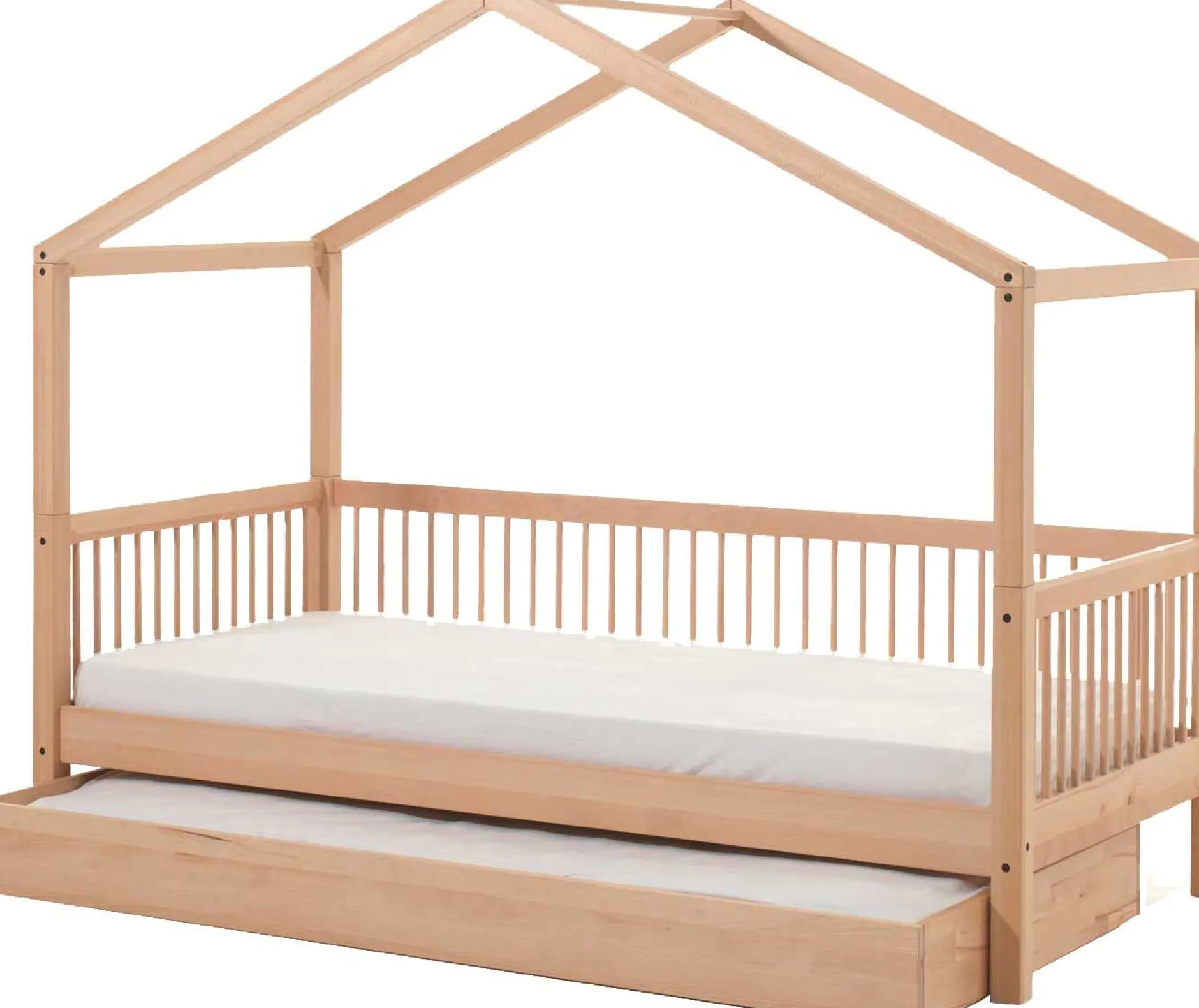 Hausbett Forrest 90x200cm mit Rollbett - Buche Massivholz