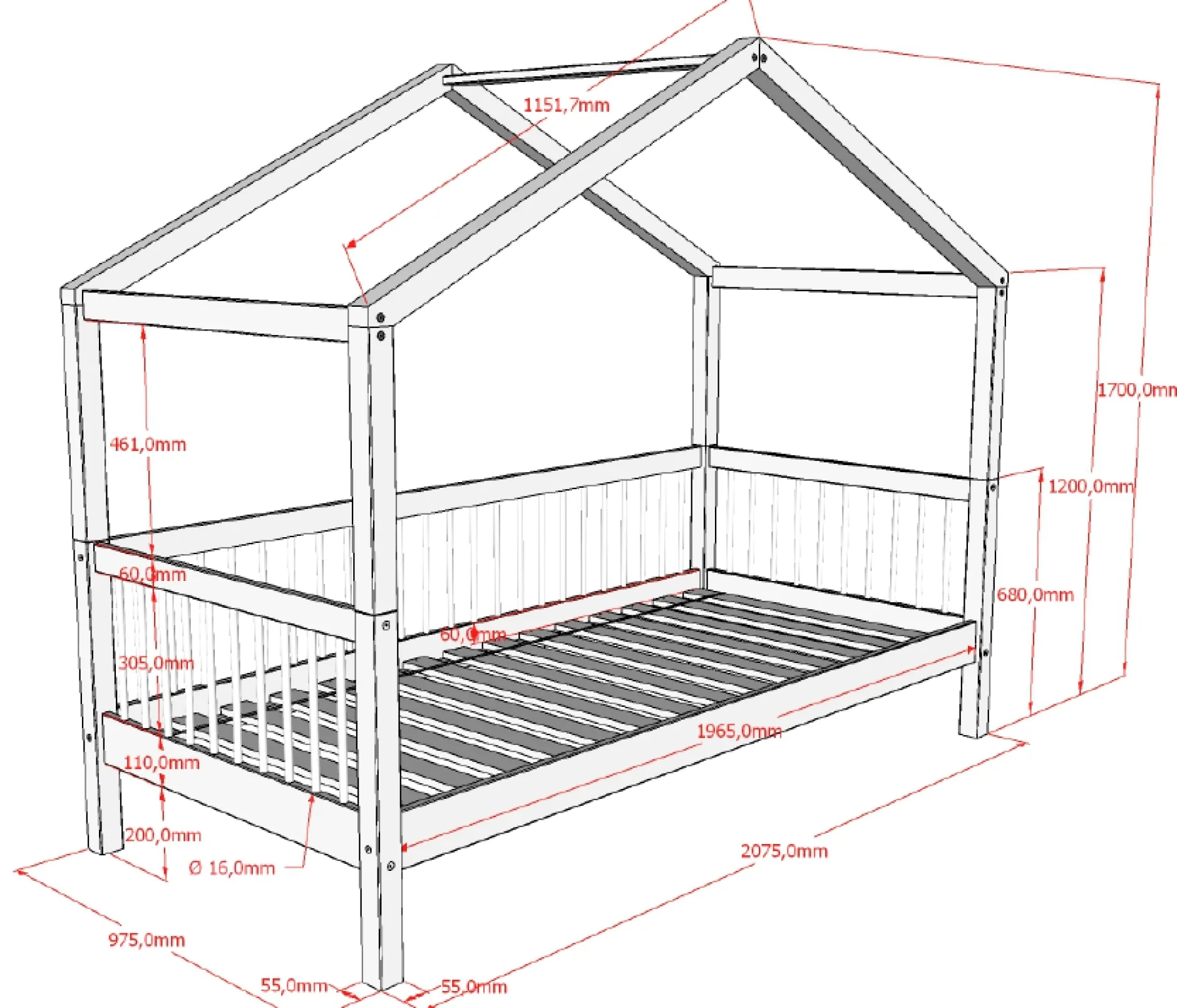 Hausbett Forrest 90x200cm mit Rollbett - Buche Massivholz