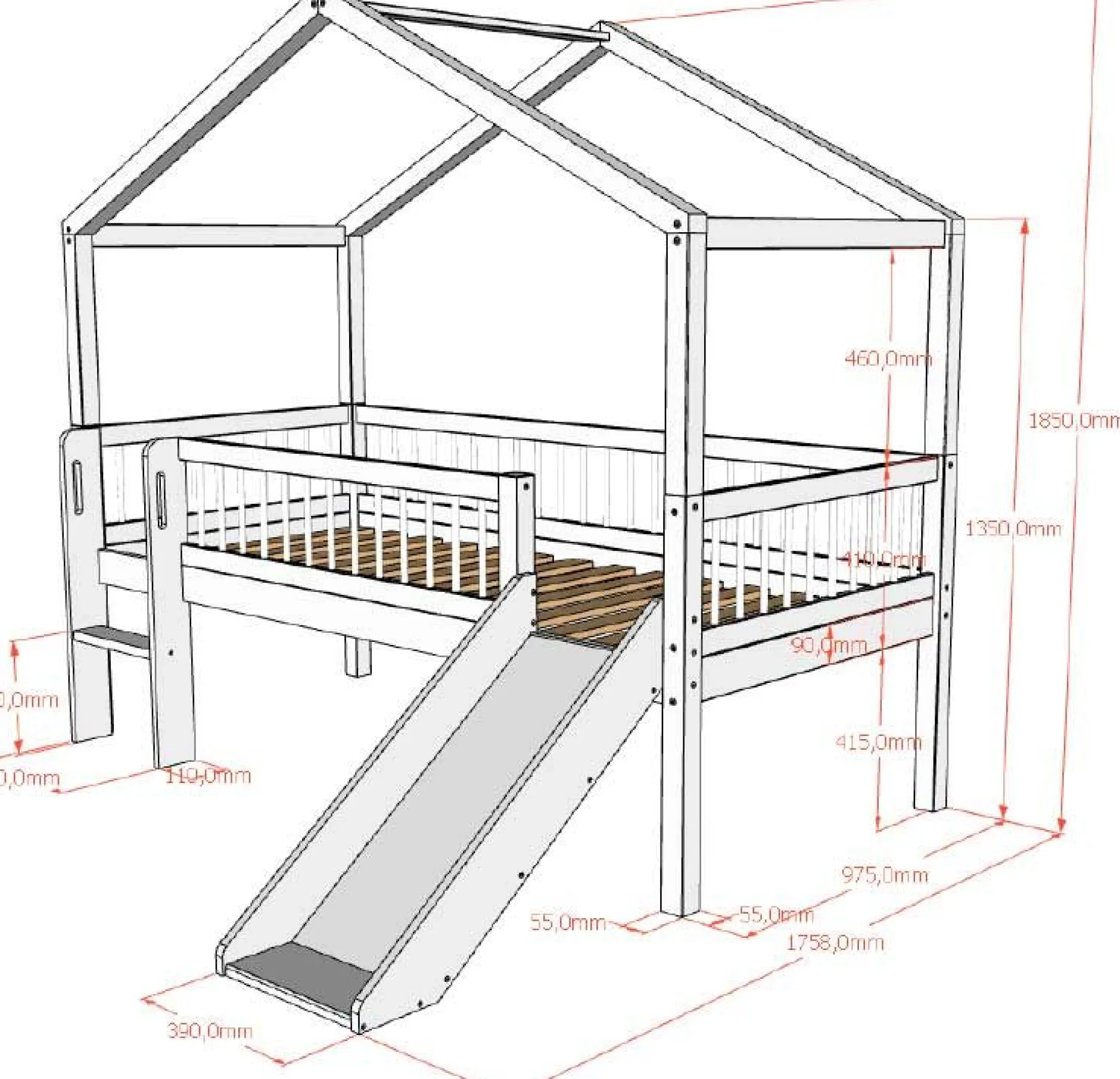 Hausbett Forrest - 90x200cm - mit Rutsche und Staukästen - Buche - weiß
