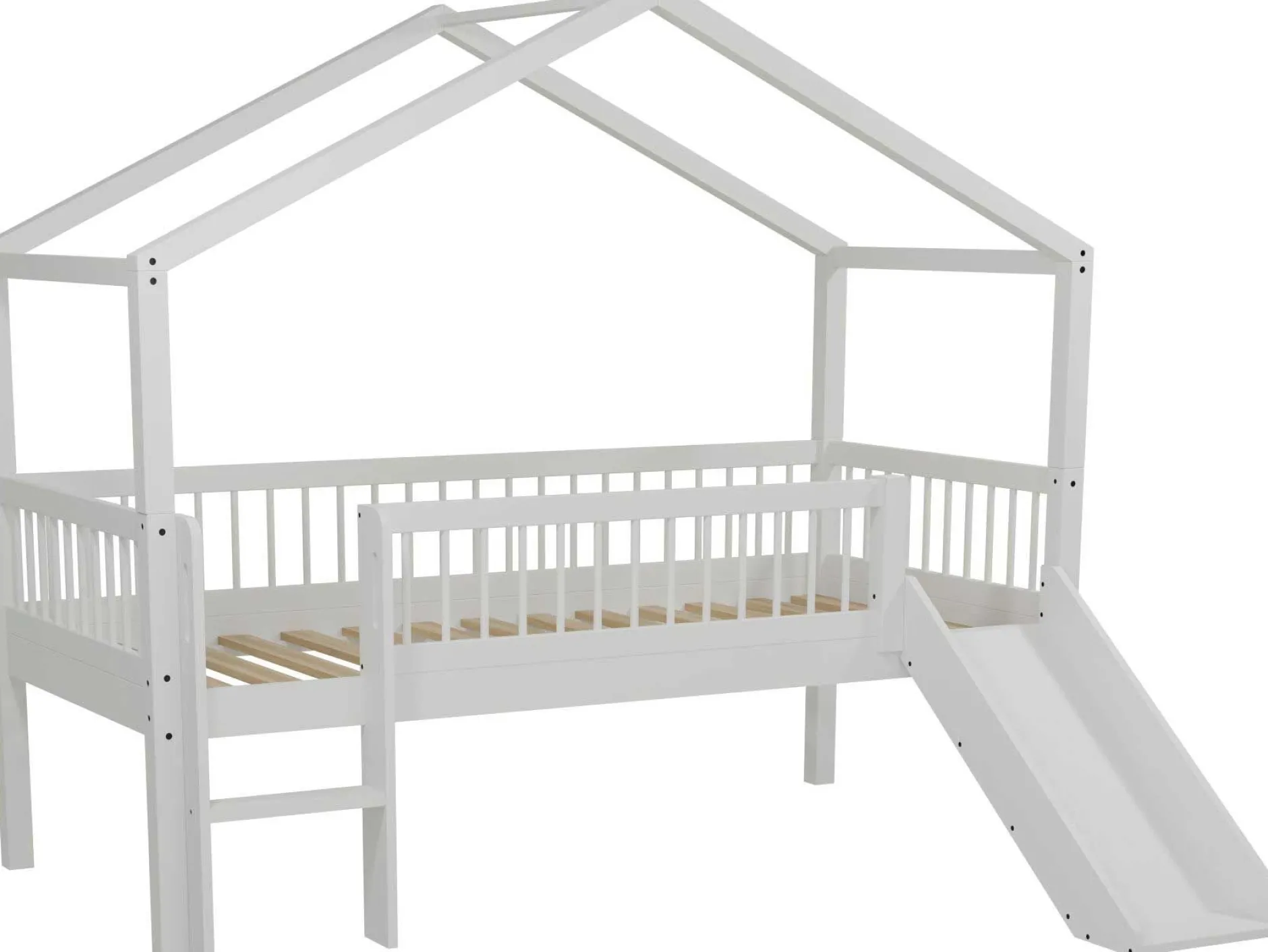Hausbett Forrest - 90x200cm - mit Rutsche, Aufbewahrungskästen und Schlafzelt - Buche - weiß